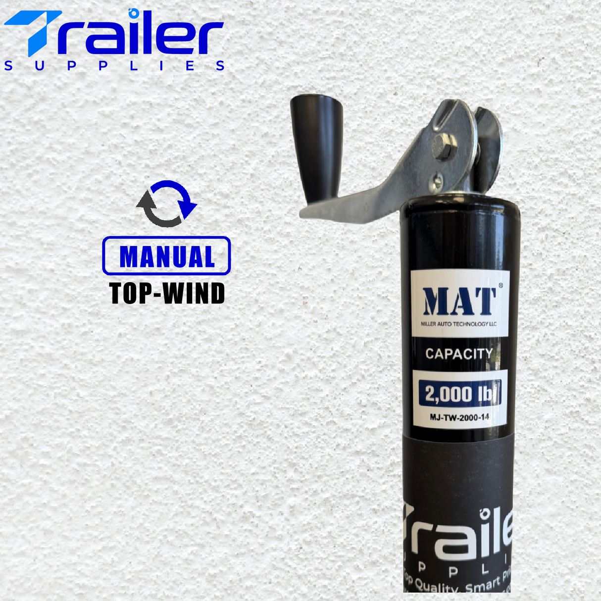 2,000 lbs Capacity, 14-Inch Vertical Travel, Top-Wind A-Frame Trailer Jack, , Black Powder-Coated, with Foot Plate