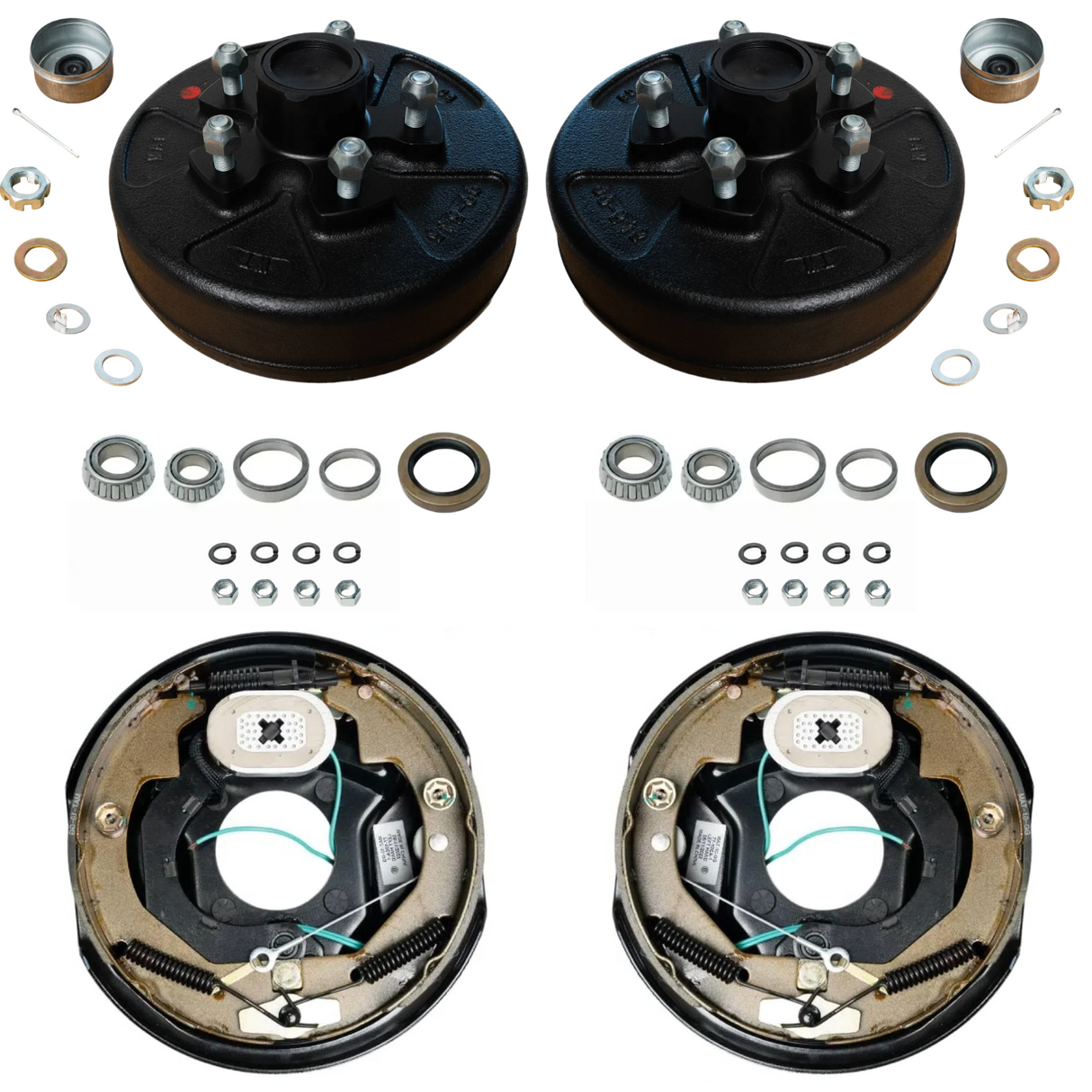 Hub & Drum + Brake Kit for 3,500 lb Axles – 5 on 5" Pre-Greased Hubs + 10" x 2-1/4" Electric Brake Assemblies (Manual Adjust or Self-Adjusting)