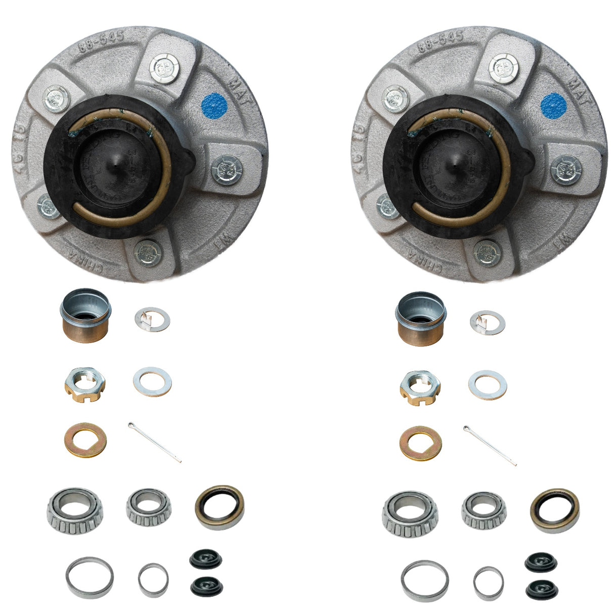 12" x 2" Trailer Brake Drum Kit – 6 on 5.5" Hub for 5,200–6,000 lb AxlesThis 2-Pack Galvanized Idler Hub Kit from Trailer Supplies is designed for 3,500 lb trailer axles with tapered spindles (1-3/8" to 1-1/16"). Ideal for boat trailers, utility trailers,