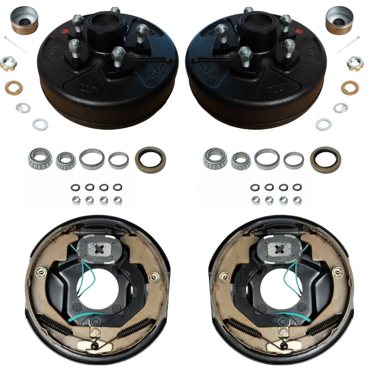 3.5K Hub & Drum + Brake Kit 5 on 5" Pre-Greased Hubs & 1 Pair 10" x 2-1/4 Electric Brakes – Manual Adjust or Self-AdjustingManual Adjust Version (2) Hub & Drum Assemblies – 5 on 5" bolt pattern, pre-installed studs and races (2) Manual Adjust Electric Bra