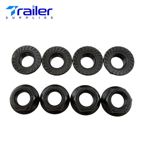 Black trailer axle hardware including lock washers and nuts for secure connections.